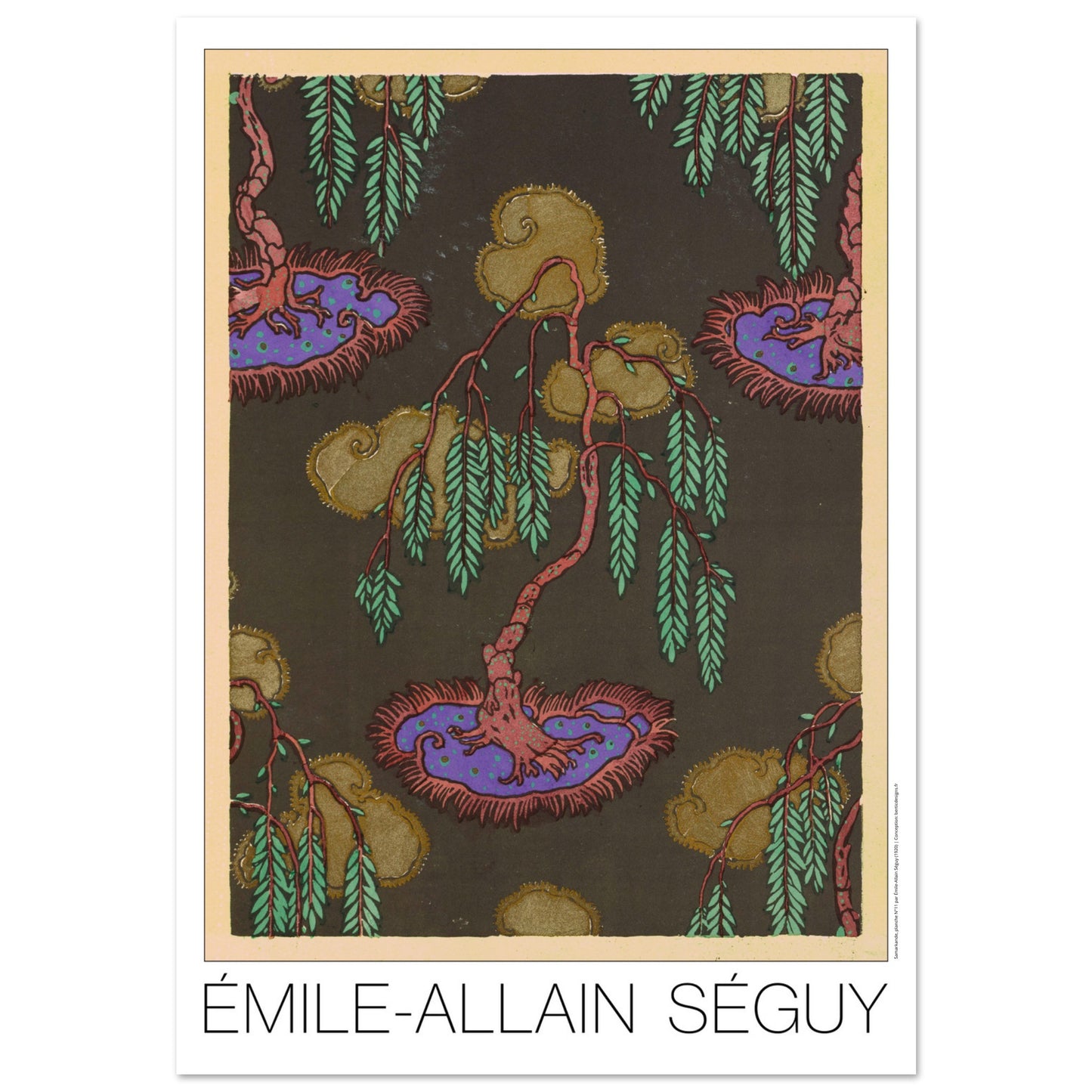 Planche Saule pleureur et motifs dorés, Samarkande de Séguy (70x100 cm). Gravure Art déco représentant un arbre pleureur aux branches fines et feuilles vertes tombantes, sur fond sombre, avec des motifs aquatiques stylisés de couleur violette et dorée.