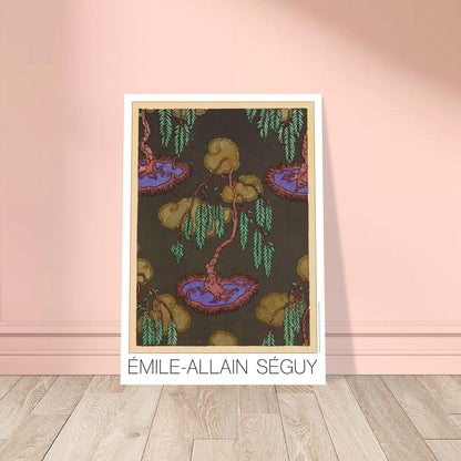 Planche Saule pleureur et motifs dorés, Samarkande de Séguy. Gravure Art déco représentant un arbre pleureur aux branches fines et feuilles vertes tombantes, sur fond sombre, avec des motifs aquatiques stylisés de couleur violette et dorée. Image d'illustration 8