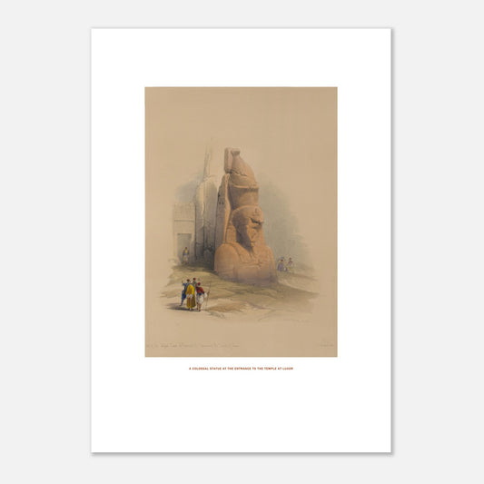 Planche ancienne : Statue colossale au temple de Louxor par David Roberts (21x29,7 cm (A4)). Lithographie ancienne représentant une statue colossale à l'entrée du temple de Louxor, avec quelques personnages au premier plan.