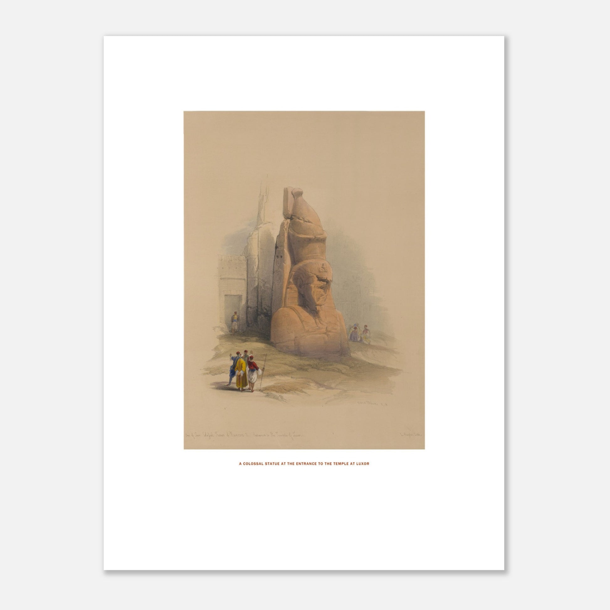 Planche ancienne : Statue colossale au temple de Louxor par David Roberts (30x40 cm). Lithographie ancienne représentant une statue colossale à l'entrée du temple de Louxor, avec quelques personnages au premier plan.