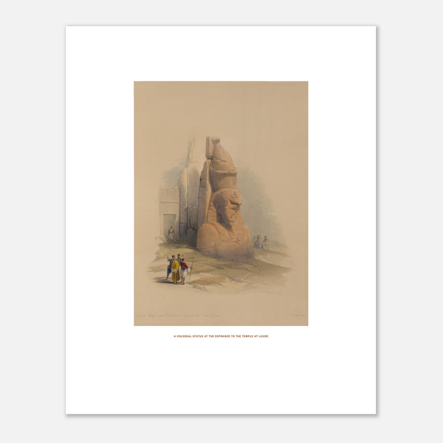 Planche ancienne : Statue colossale au temple de Louxor par David Roberts (40x50 cm). Lithographie ancienne représentant une statue colossale à l'entrée du temple de Louxor, avec quelques personnages au premier plan.