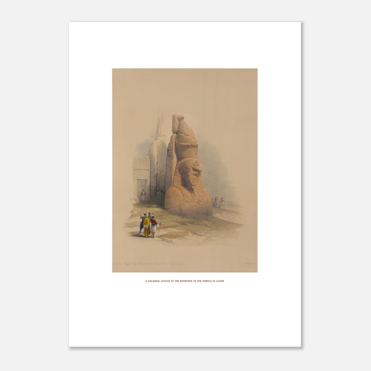 Planche ancienne : Statue colossale au temple de Louxor par David Roberts (50x70 cm). Lithographie ancienne représentant une statue colossale à l'entrée du temple de Louxor, avec quelques personnages au premier plan.