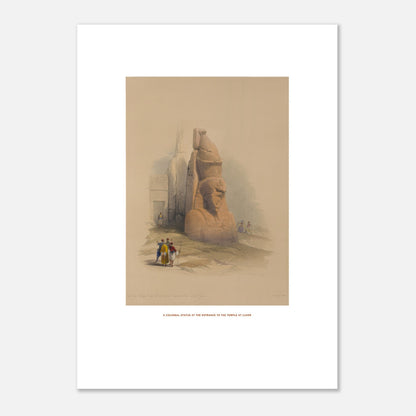 Planche ancienne : Statue colossale au temple de Louxor par David Roberts (50x70 cm). Lithographie ancienne représentant une statue colossale à l'entrée du temple de Louxor, avec quelques personnages au premier plan.
