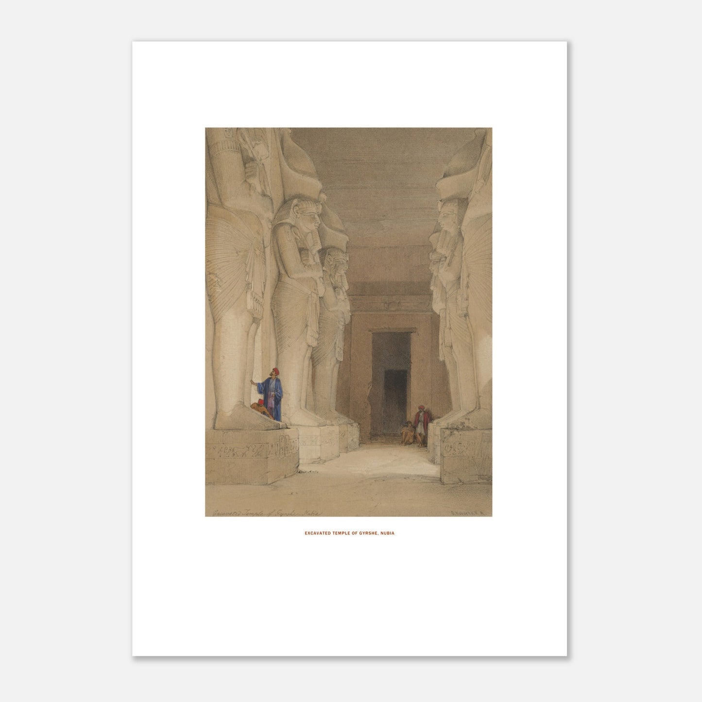 Planche ancienne du temple excavé de Gyrshe en Nubie par David Roberts (29,7x42 cm (A3)). Intérieur d'un temple excavé de Gyrshe, Nubie, avec quatre statues assises de figures divines ou royales et des hiéroglyphes sculptés.
