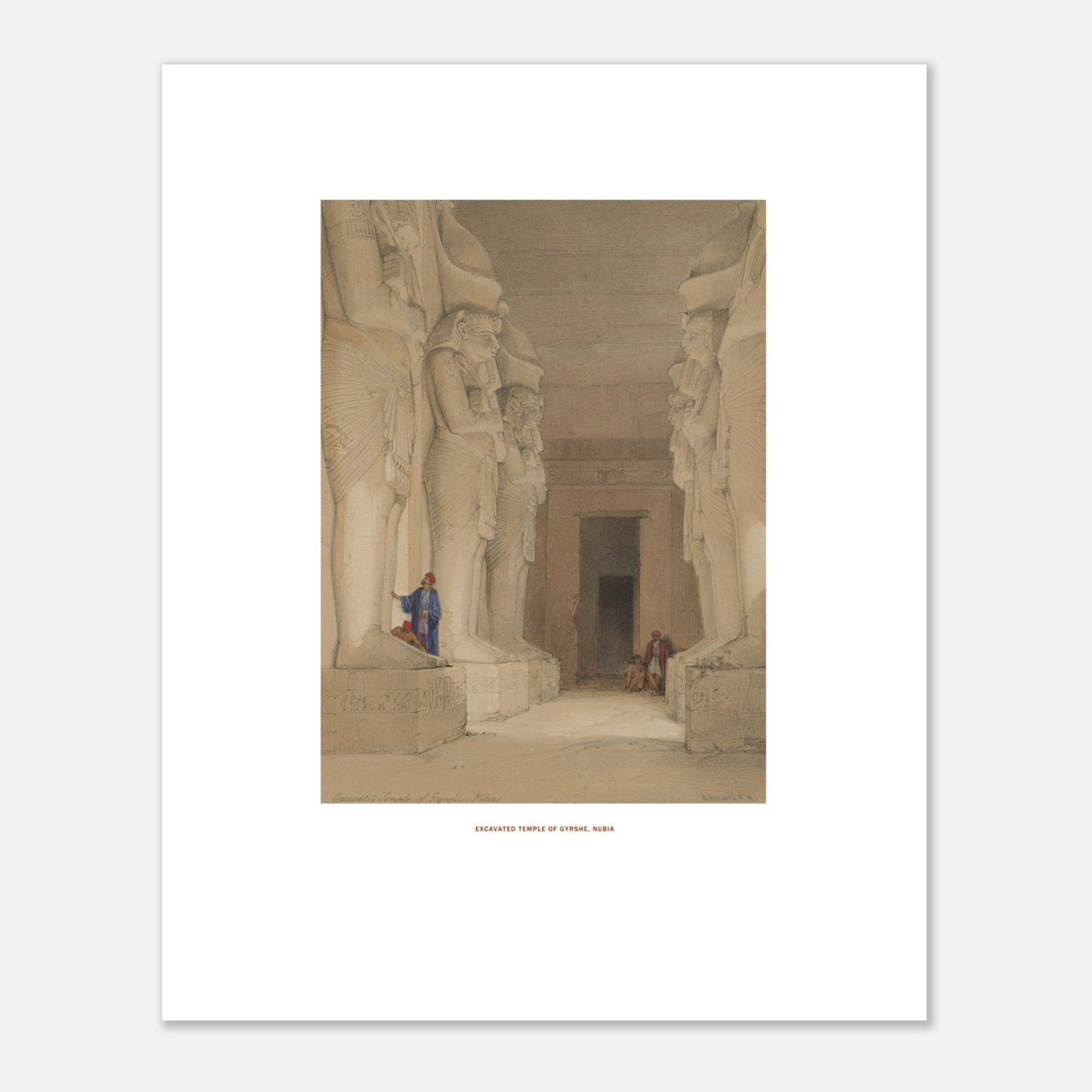 Planche ancienne du temple excavé de Gyrshe en Nubie par David Roberts (40x50 cm). Intérieur d'un temple excavé de Gyrshe, Nubie, avec quatre statues assises de figures divines ou royales et des hiéroglyphes sculptés.