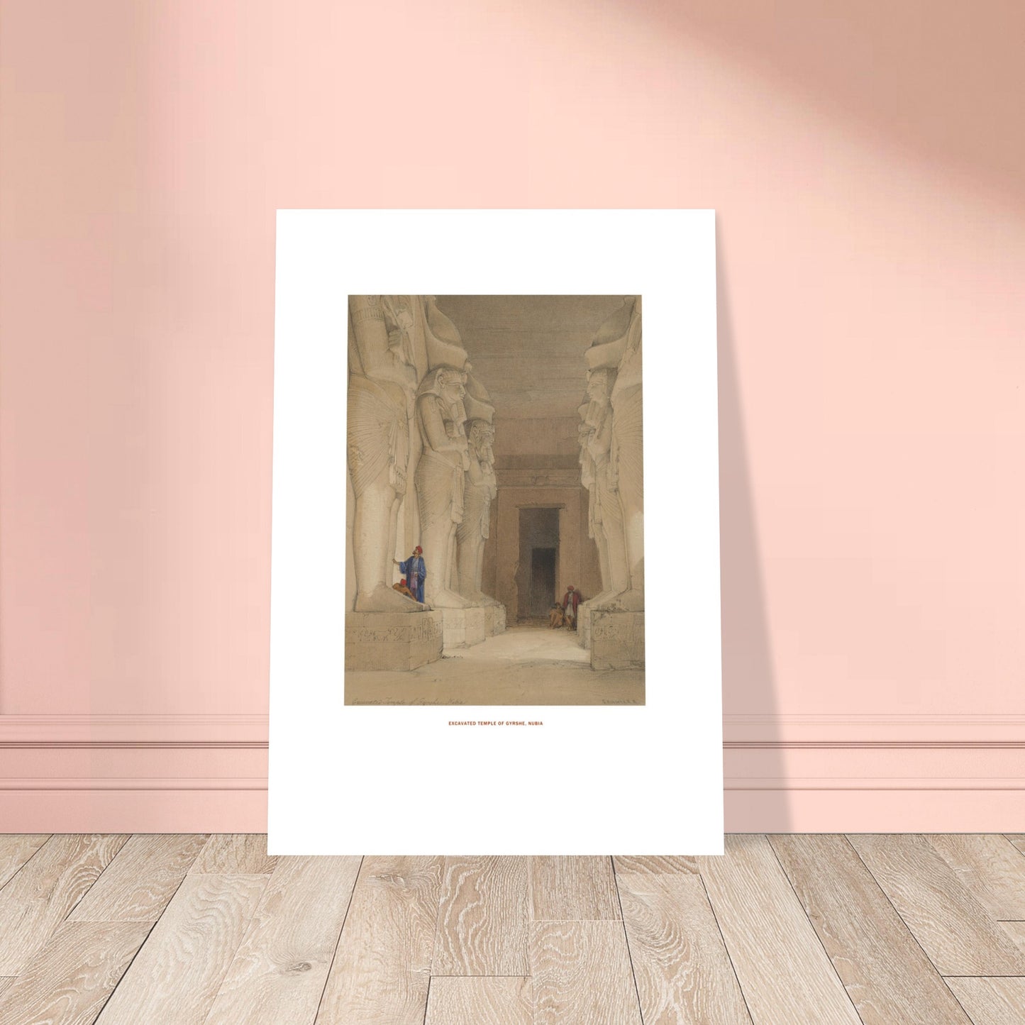 Planche ancienne du temple excavé de Gyrshe en Nubie par David Roberts. Intérieur d'un temple excavé de Gyrshe, Nubie, avec quatre statues assises de figures divines ou royales et des hiéroglyphes sculptés. Image d'illustration 6