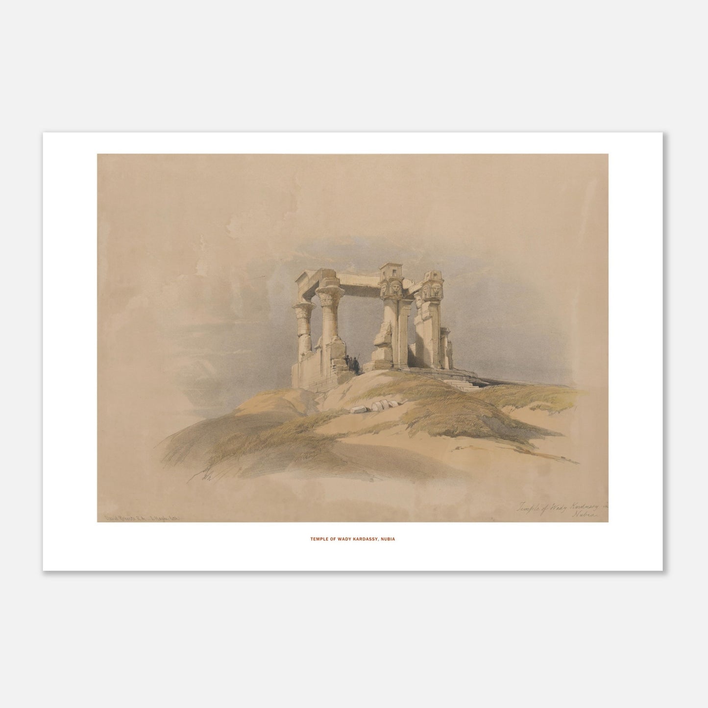 Planche ancienne du Temple de Wadi Kardassy, Nubie - David Roberts (21x29,7 cm (A4)). Lithographie de David Roberts représentant un temple antique en ruines sur une colline sablonneuse, avec le ciel nuageux en arrière-plan.