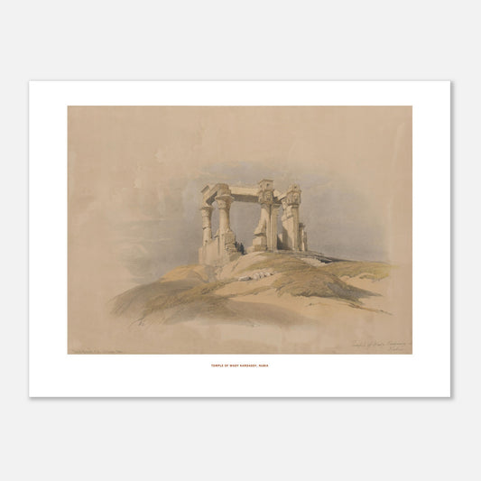 Planche ancienne du Temple de Wadi Kardassy, Nubie - David Roberts (30x40 cm). Lithographie de David Roberts représentant un temple antique en ruines sur une colline sablonneuse, avec le ciel nuageux en arrière-plan.