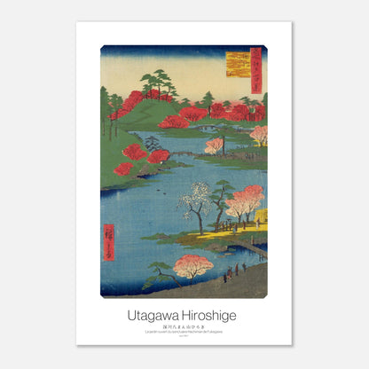 Planche ukiyo-e Le jardin du sanctuaire Hachiman - Hiroshige (30x45 cm). Estampe ukiyo-e par Utagawa Hiroshige d'un jardin avec un étang, des ponts, des arbres aux feuillages rouges et roses, et des personnes se promenant.