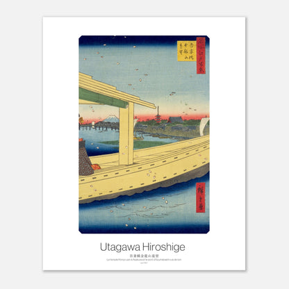 Planche ukiyo-e Le temple Kinryu-zan à Asakusa - Hiroshige (40x50 cm). Estampe ukiyo-e représentant un paysage urbain japonais avec un pont, un temple et le mont Fuji au loin, dans un style ancien.