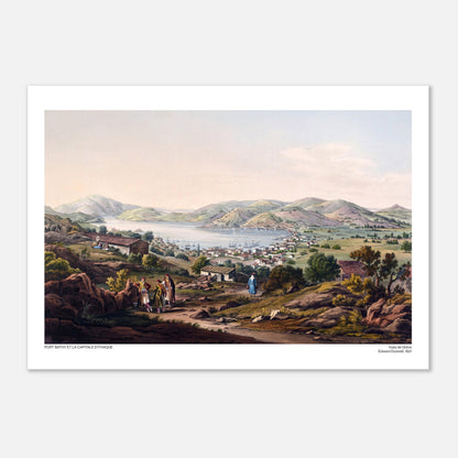 Porto Vathy e la capitale di Itaca - Illustrazione di Edward Dodwell (29,7x42 cm (A3)). Antica illustrazione di un porto pittoresco e di una città costiera, con montagne sullo sfondo, barche nel porto e personaggi sulla riva.