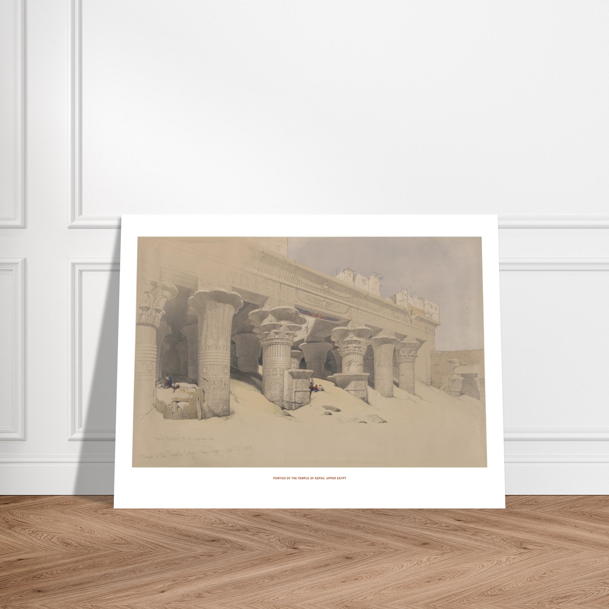Planche ancienne : Portique du temple d'Edfou, Haute-Égypte - David Roberts. Lithographie de David Roberts représentant le portique du temple d'Edfou en Haute-Égypte, avec de hautes colonnes ornées de hiéroglyphes et des figures humaines. Image d'illustration 7