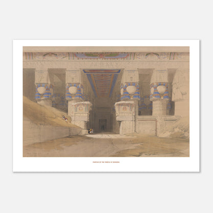 Planche ancienne : Portique du temple de Dendérah, David Roberts (21x29,7 cm (A4)). Lithographie ancienne représentant le portique du temple de Dendérah avec ses colonnes monumentales, orné de hiéroglyphes et de peintures.