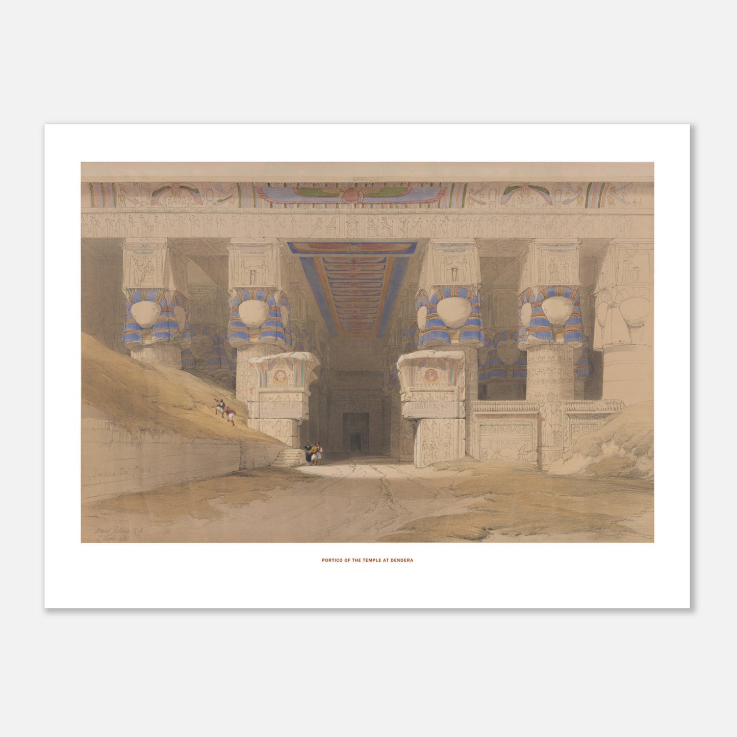 Planche ancienne : Portique du temple de Dendérah, David Roberts (30x40 cm). Lithographie ancienne représentant le portique du temple de Dendérah avec ses colonnes monumentales, orné de hiéroglyphes et de peintures.