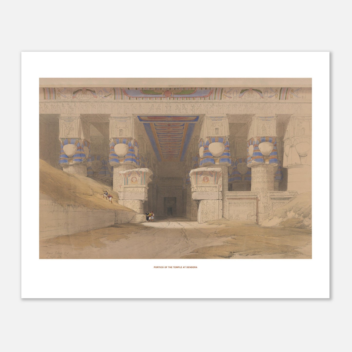 Planche ancienne : Portique du temple de Dendérah, David Roberts (40x50 cm). Lithographie ancienne représentant le portique du temple de Dendérah avec ses colonnes monumentales, orné de hiéroglyphes et de peintures.