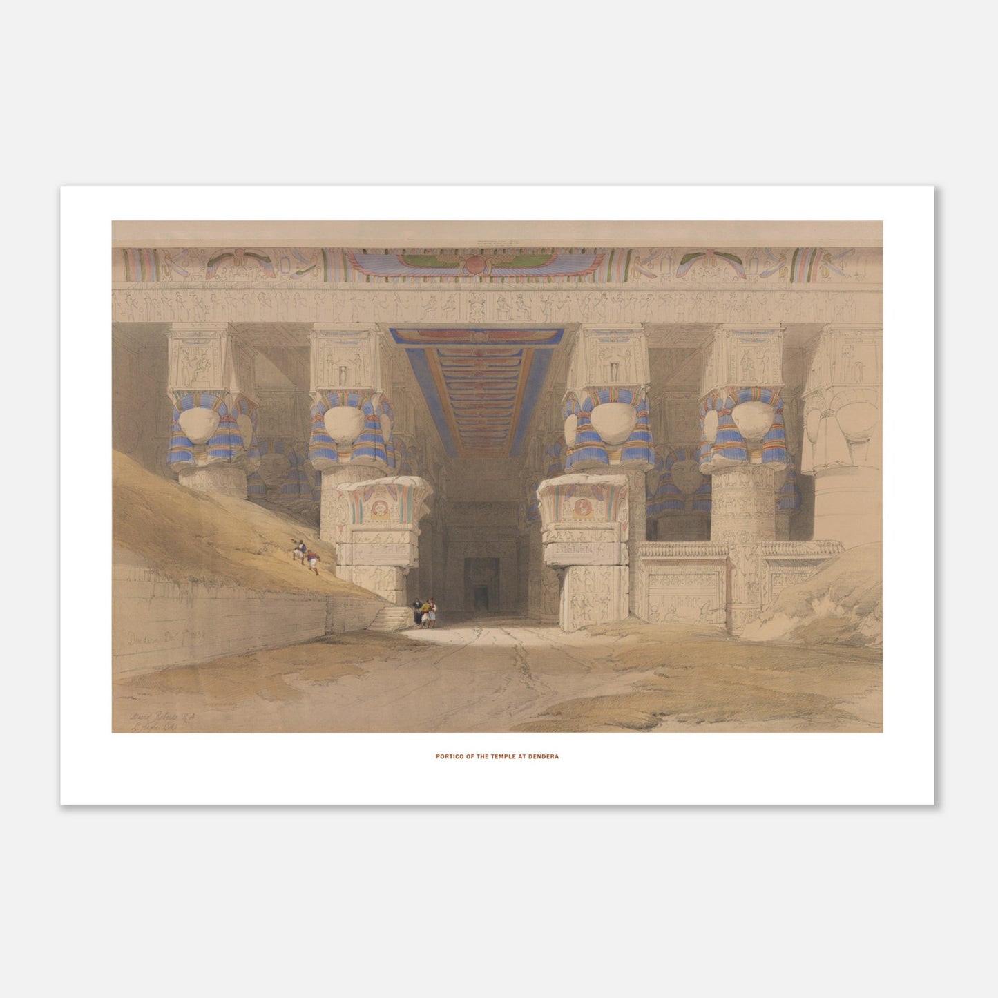Planche ancienne : Portique du temple de Dendérah, David Roberts (42x59,4 cm (A2)). Lithographie ancienne représentant le portique du temple de Dendérah avec ses colonnes monumentales, orné de hiéroglyphes et de peintures.