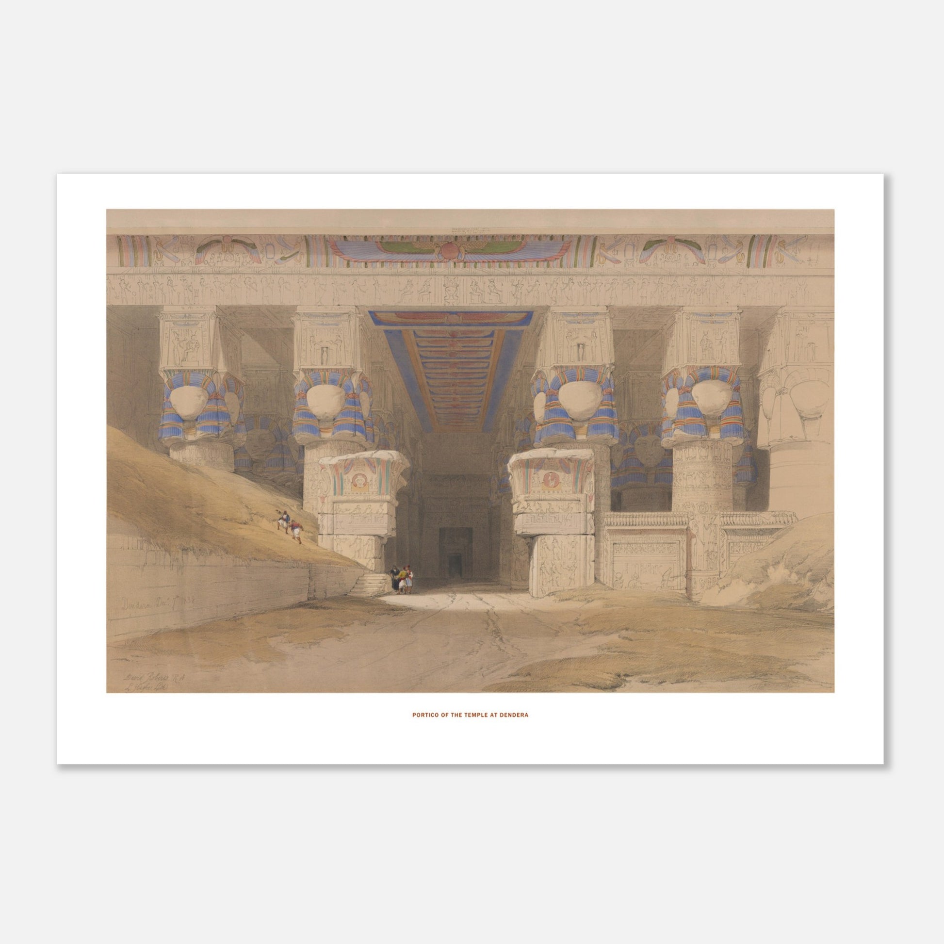 Planche ancienne : Portique du temple de Dendérah, David Roberts (50x70 cm). Lithographie ancienne représentant le portique du temple de Dendérah avec ses colonnes monumentales, orné de hiéroglyphes et de peintures.