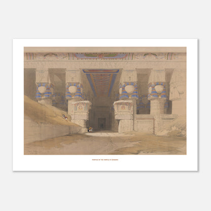 Planche ancienne : Portique du temple de Dendérah, David Roberts (50x70 cm). Lithographie ancienne représentant le portique du temple de Dendérah avec ses colonnes monumentales, orné de hiéroglyphes et de peintures.