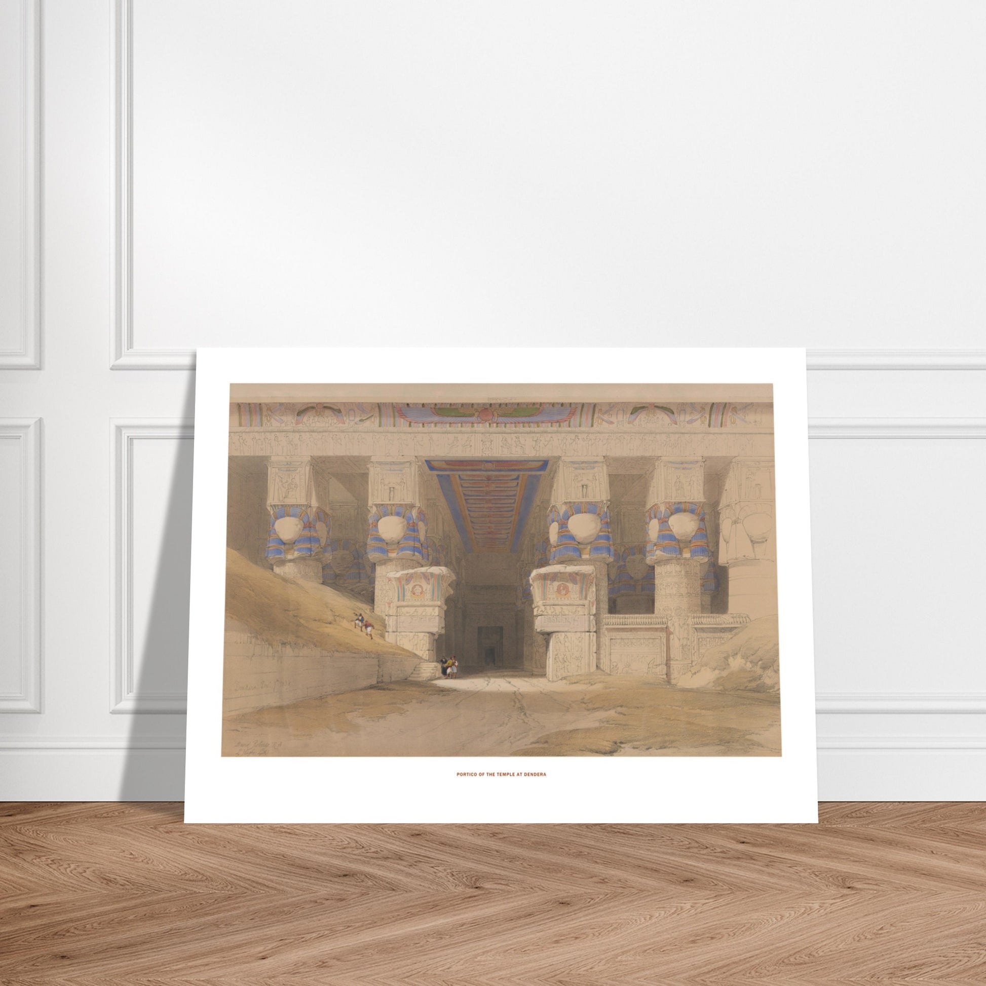 Planche ancienne : Portique du temple de Dendérah, David Roberts. Lithographie ancienne représentant le portique du temple de Dendérah avec ses colonnes monumentales, orné de hiéroglyphes et de peintures. Image d'illustration 7