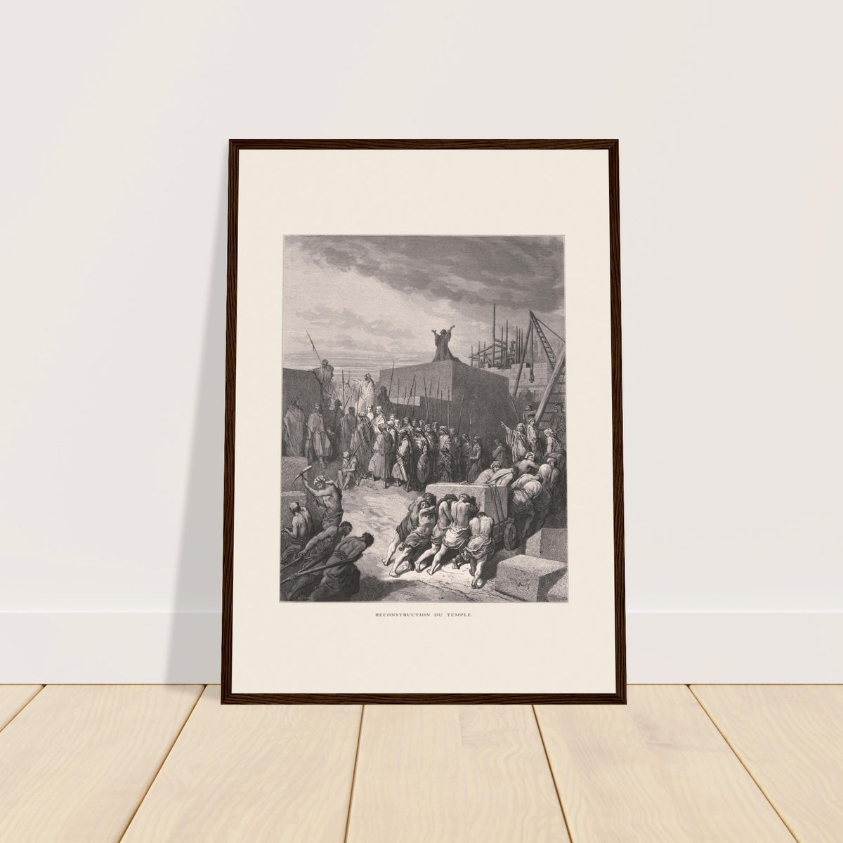 Antike Tafel Wiederaufbau des Tempels von Gustave Doré. Stich von Gustave Dore zur Heiligen Bibel, der die Szene des „Wiederaufbaus des Tempels“ darstellt.