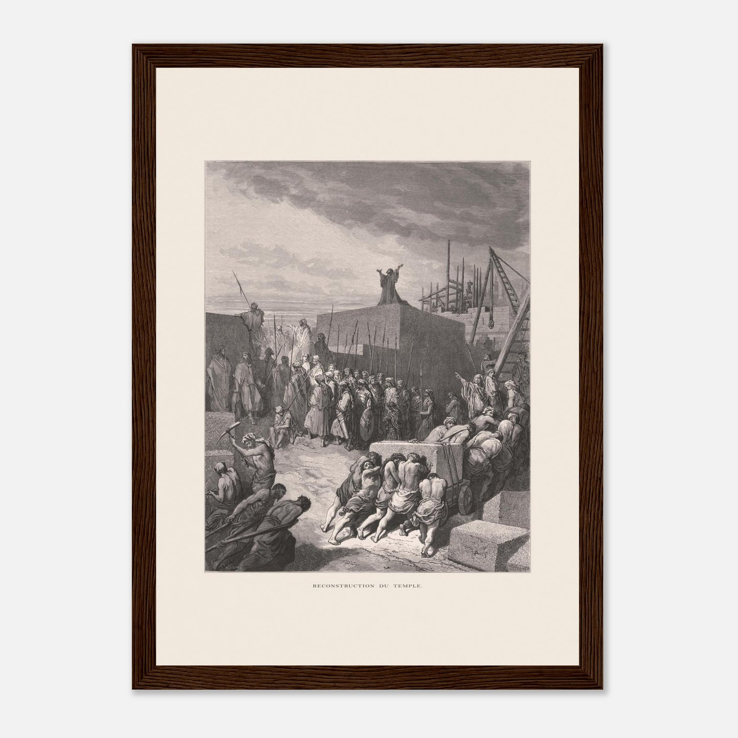 Planche ancienne Reconstruction du temple par Gustave Doré (21x29,7 cm (A4) / Cadre bois foncé). Gravure de Gustave Doré pour la Sainte Bible, représentant la scène de la "Reconstruction du temple".