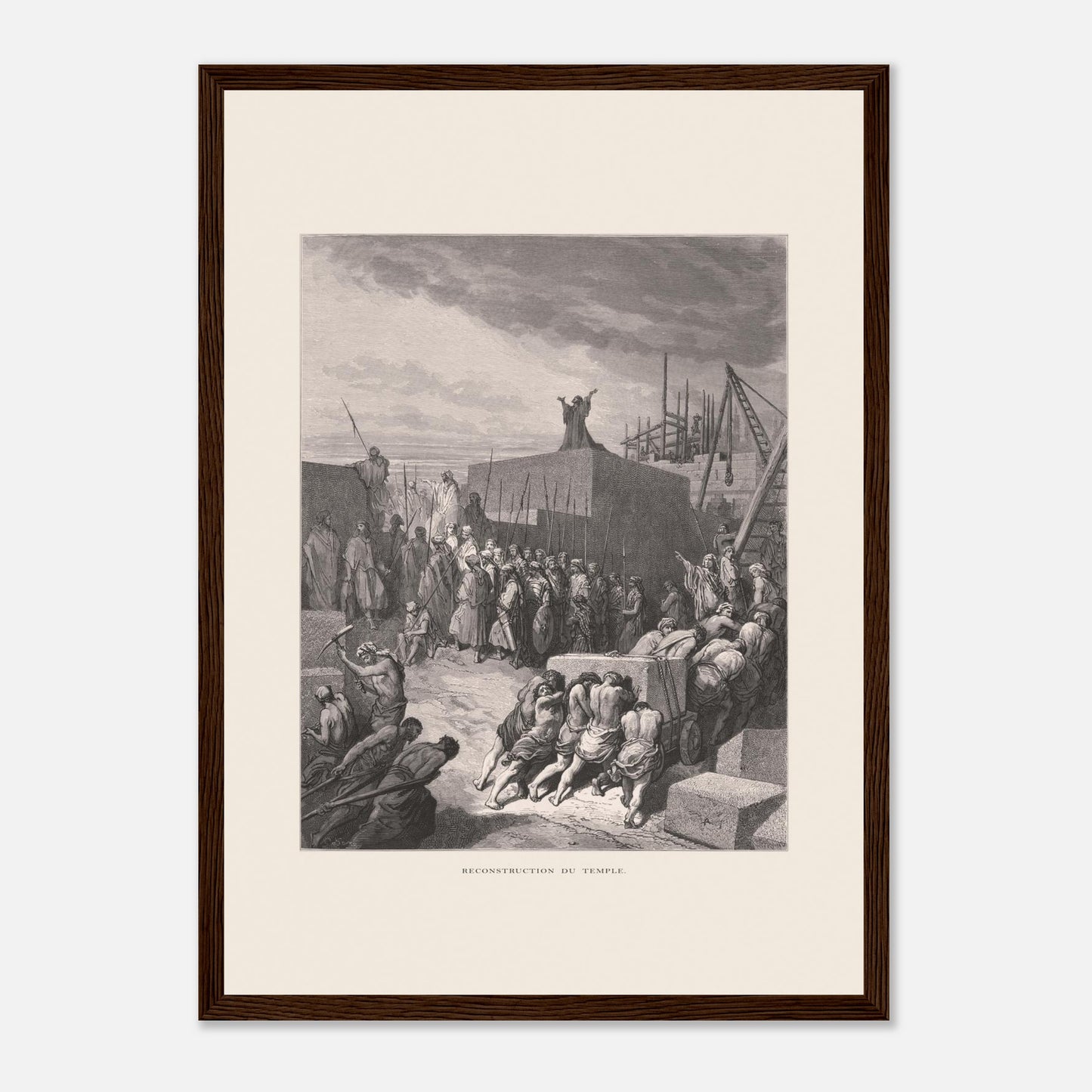Planche ancienne Reconstruction du temple par Gustave Doré (29,7x42 cm (A3) / Cadre bois foncé). Gravure de Gustave Doré pour la Sainte Bible, représentant la scène de la "Reconstruction du temple".