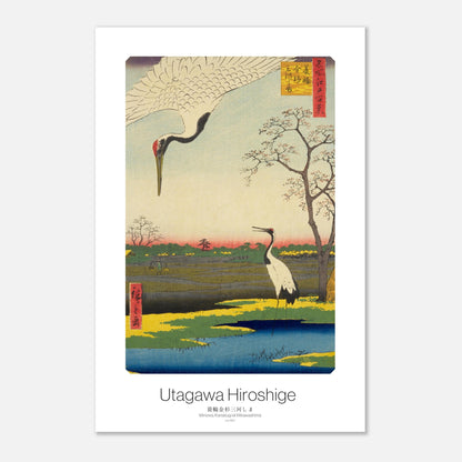 Impression ukiyo-e : Grues de Mandchourie à Minowa par Hiroshige (30x45 cm). Estampe ukiyo-e par Utagawa Hiroshige montrant deux grues dans un paysage de marais au coucher du soleil, avec un arbre en fleurs et des champs.