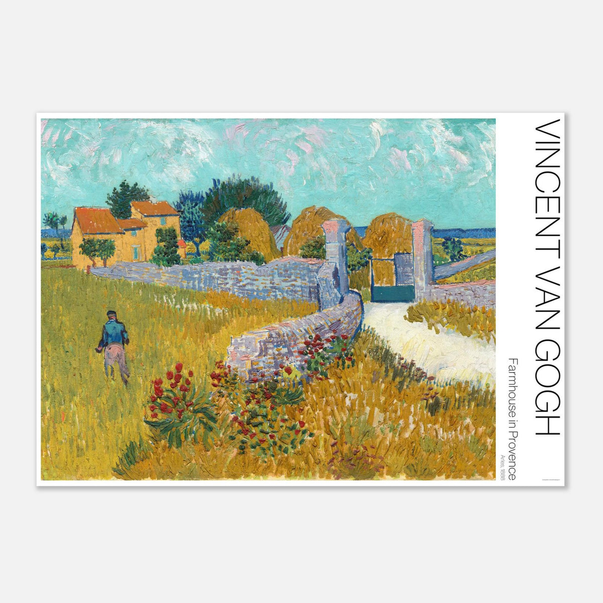 Bauernhof in der Provence, Illustration nach Vincent van Gogh (21x29,7 cm (A4)). Gemälde von Vincent van Gogh, das einen Bauernhof in der Provence mit einer Steinmauer und einem Mann, der durch ein Feld geht, darstellt.