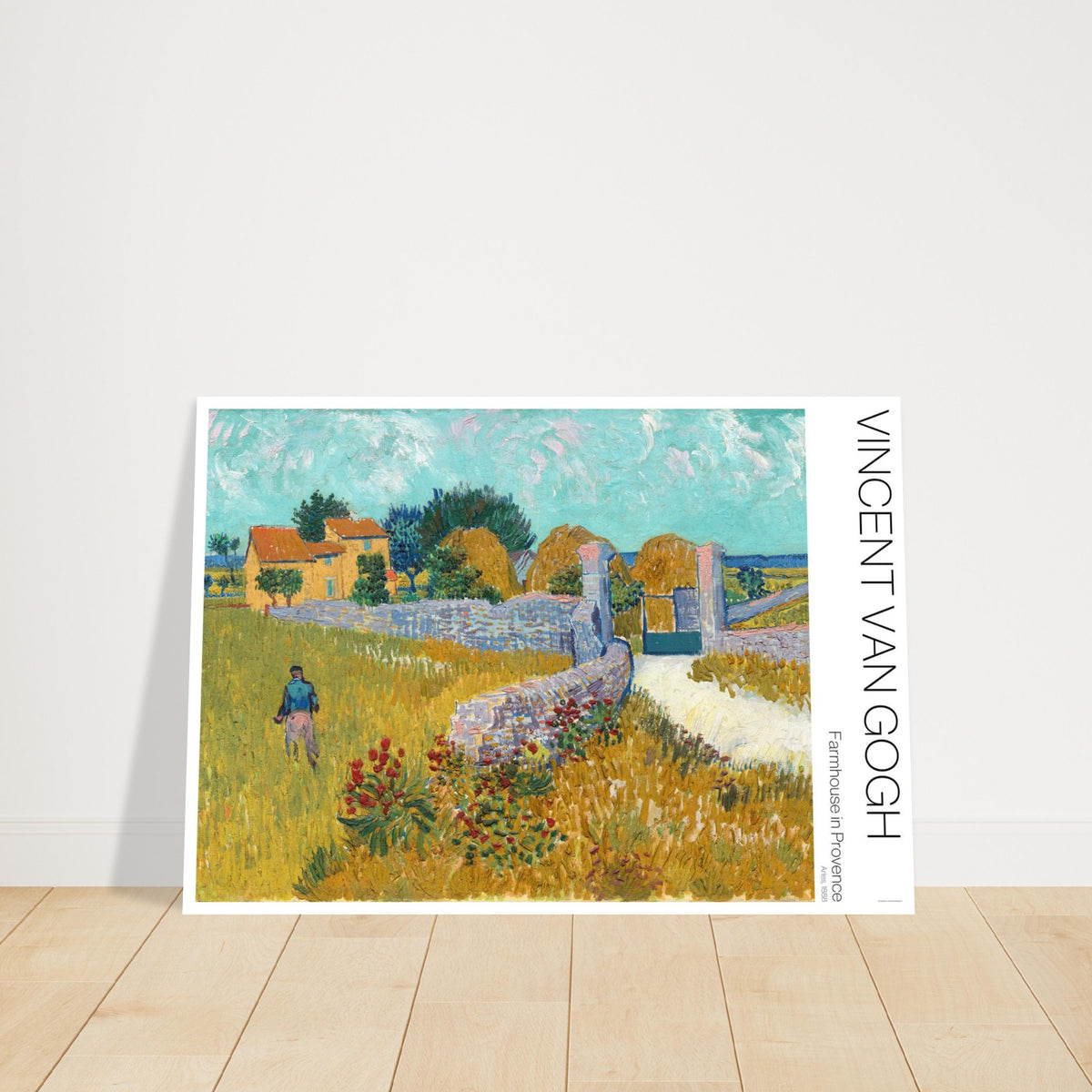 Bauernhof in der Provence, Illustration nach Vincent van Gogh. Gemälde von Vincent van Gogh, das einen Bauernhof in der Provence mit einer Steinmauer und einem Mann, der durch ein Feld geht, darstellt.