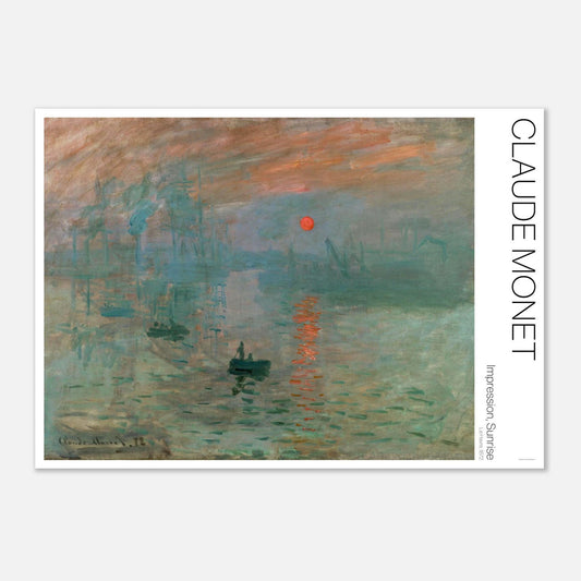 Illustration of Impression, Sunrise by Claude Monet (42x59,4 cm (A2)). Impression, Sunrise by Claude Monet, depicting a hazy port at sunrise with boats and industrial structures.