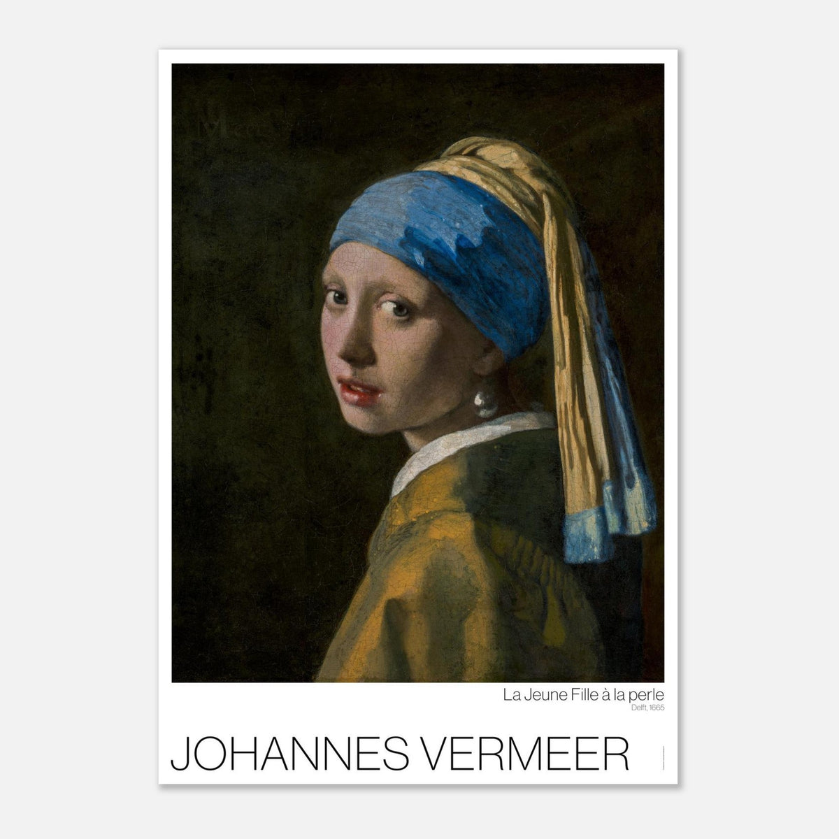Illustrazione del ritratto La ragazza con l'orecchino di perladi Vermeer (59,4x84,1 cm (A1)). La ragazza con l'orecchino di perla di Johannes Vermeer, ritratto di una giovane donna che indossa un turbante blu e un grande orecchino di perla.