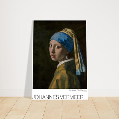 Illustrazione del ritratto La ragazza con l'orecchino di perladi Vermeer. La ragazza con l'orecchino di perla di Johannes Vermeer, ritratto di una giovane donna che indossa un turbante blu e un grande orecchino di perla.