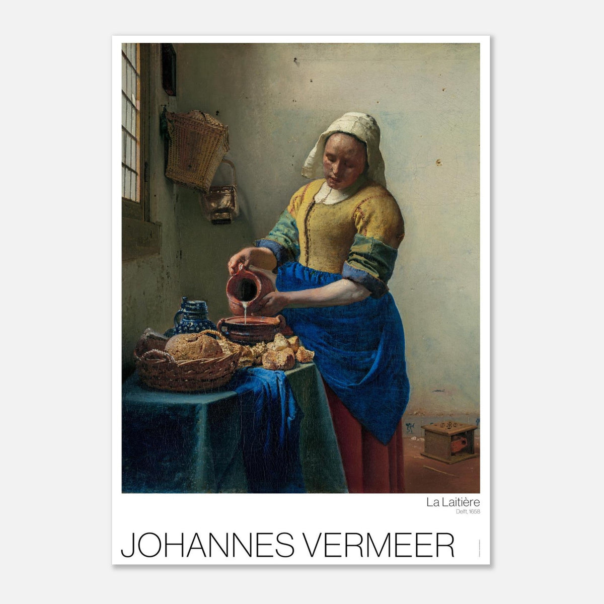 La Lattaia, illustrazione del capolavoro di Johannes Vermeer (50x70 cm). Lattaia di Johannes Vermeer, che raffigura una donna che versa del latte in una ciotola su un tavolo imbandito con del pane.