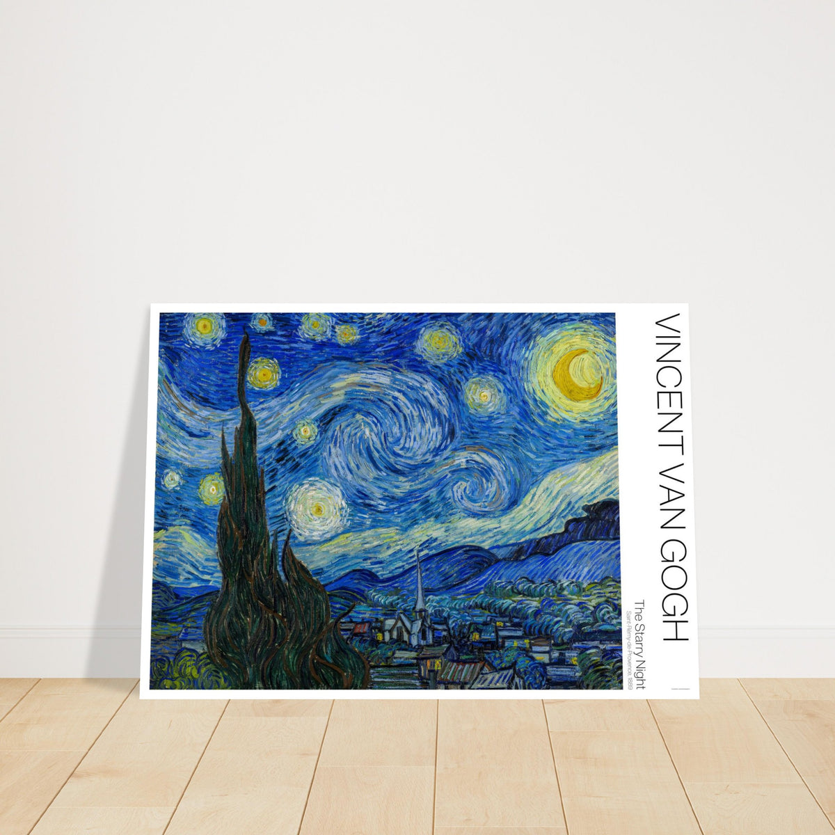 Sternennacht, Illustration des berühmten Gemäldes von Vincent van Gogh. Die Sternennacht von Vincent van Gogh ist ein nächtliches Gemälde, das ein Dorf unter einem wirbelnden Himmel aus Sternen und Mond darstellt.