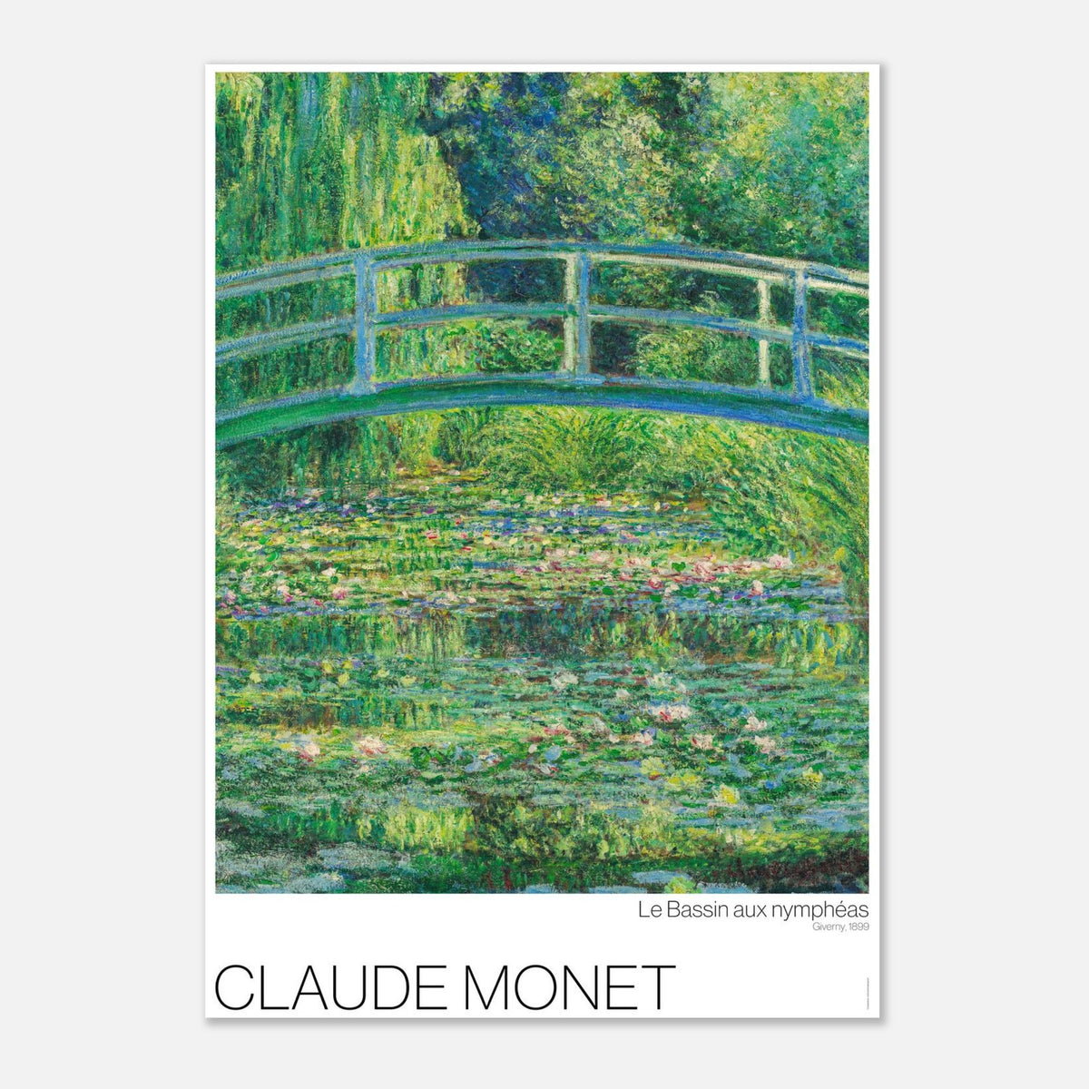 Water Lily Pond, illustration after Claude Monet (21x29,7 cm (A4)). Painting by Claude Monet showing a green bridge over a pond filled with water lilies and surrounded by lush vegetation.