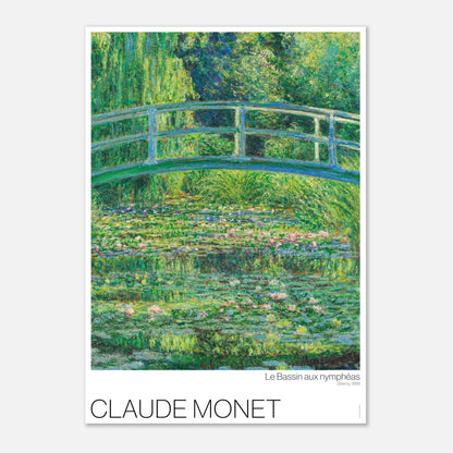 Water Lily Pond, illustration after Claude Monet (29,7x42 cm (A3)). Painting by Claude Monet showing a green bridge over a pond filled with water lilies and surrounded by lush vegetation.