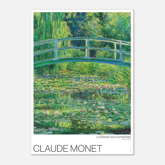 Water Lily Pond, illustration after Claude Monet (42x59,4 cm (A2)). Painting by Claude Monet showing a green bridge over a pond filled with water lilies and surrounded by lush vegetation.
