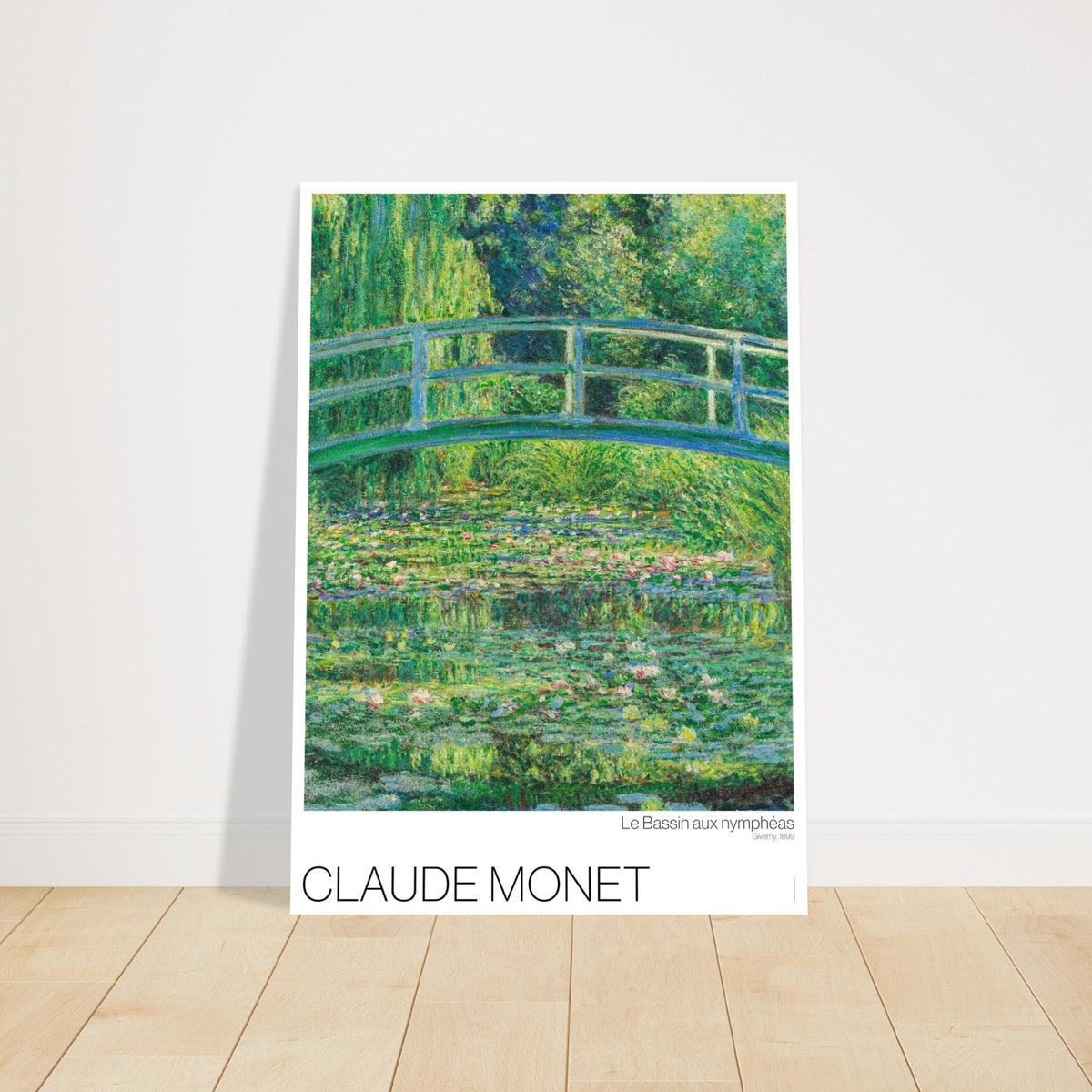Water Lily Pond, illustration after Claude Monet. Painting by Claude Monet showing a green bridge over a pond filled with water lilies and surrounded by lush vegetation.