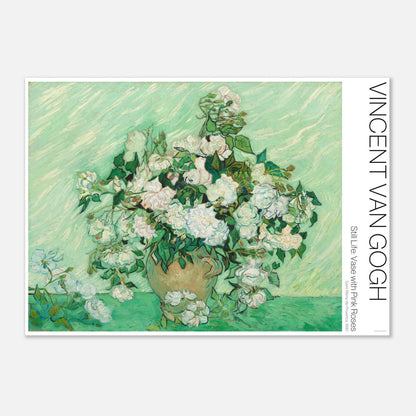 Rosen, Illustration des Stilllebens von Vincent van Gogh (21x29,7 cm (A4)). Stilleben von Vincent van Gogh, das eine Vase mit weißen Rosen vor einem strukturierten grünen Hintergrund zeigt.