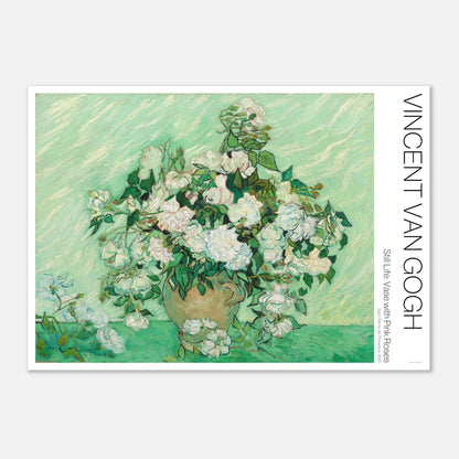 Rosen, Illustration des Stilllebens von Vincent van Gogh (59,4x84,1 cm (A1)). Stilleben von Vincent van Gogh, das eine Vase mit weißen Rosen vor einem strukturierten grünen Hintergrund zeigt.