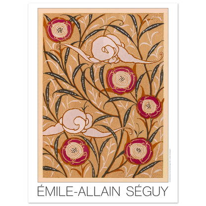Planche de motifs de roses rouges, Samarkande par E.A. Séguy (30x40 cm). Illustration Art Déco de motifs de roses rouges et d'escargots stylisés sur fond beige, avec des branches et feuilles sombres, par Émile-Allain Séguy.