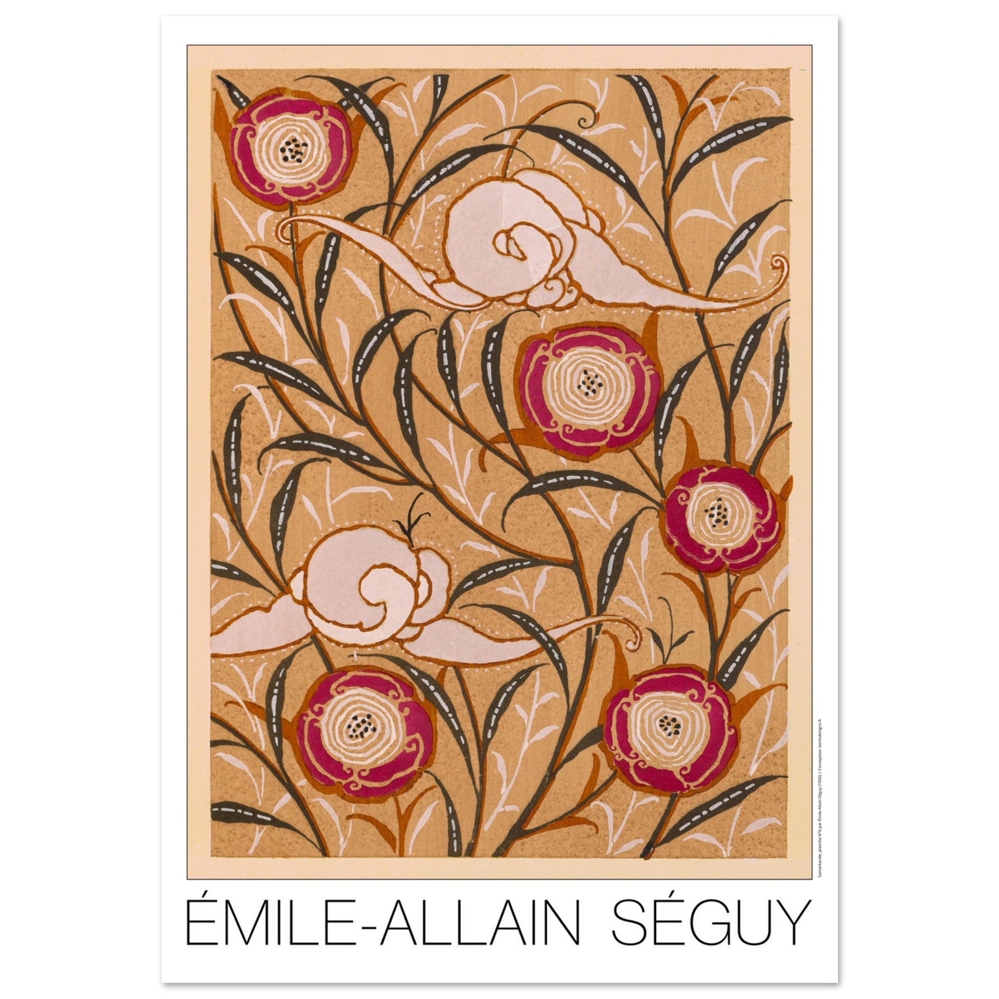 Planche de motifs de roses rouges, Samarkande par E.A. Séguy (70x100 cm). Illustration Art Déco de motifs de roses rouges et d'escargots stylisés sur fond beige, avec des branches et feuilles sombres, par Émile-Allain Séguy.