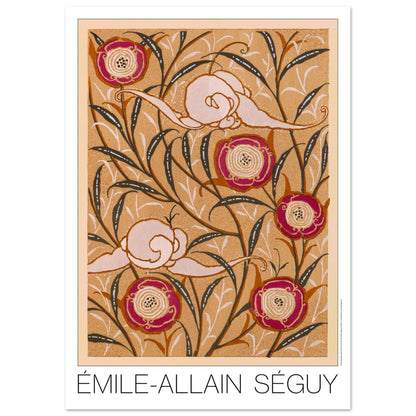 Planche de motifs de roses rouges, Samarkande par E.A. Séguy (84,1x118,9 cm (A0)). Illustration Art Déco de motifs de roses rouges et d'escargots stylisés sur fond beige, avec des branches et feuilles sombres, par Émile-Allain Séguy.