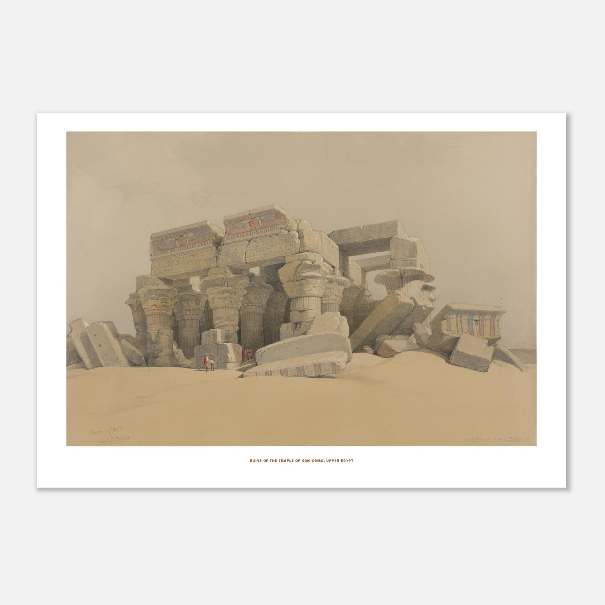 Illustration des ruines du temple de Kom Ombo en Haute-Égypte - David Roberts (21x29,7 cm (A4)). Ruines du temple de Kom Ombo, Haute-Égypte, montrant des colonnes massives et des blocs de pierre effondrés dans un paysage désertique.