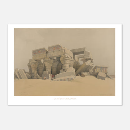 Illustration des ruines du temple de Kom Ombo en Haute-Égypte - David Roberts (21x29,7 cm (A4)). Ruines du temple de Kom Ombo, Haute-Égypte, montrant des colonnes massives et des blocs de pierre effondrés dans un paysage désertique.