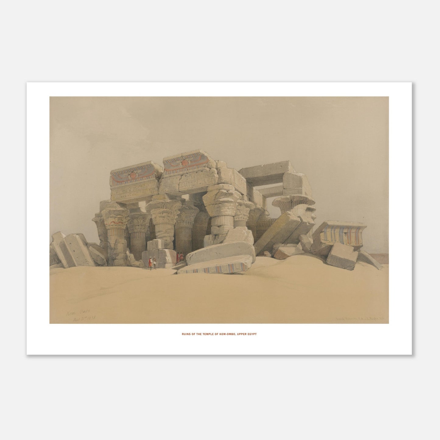 Illustration des ruines du temple de Kom Ombo en Haute-Égypte - David Roberts (29,7x42 cm (A3)). Ruines du temple de Kom Ombo, Haute-Égypte, montrant des colonnes massives et des blocs de pierre effondrés dans un paysage désertique.