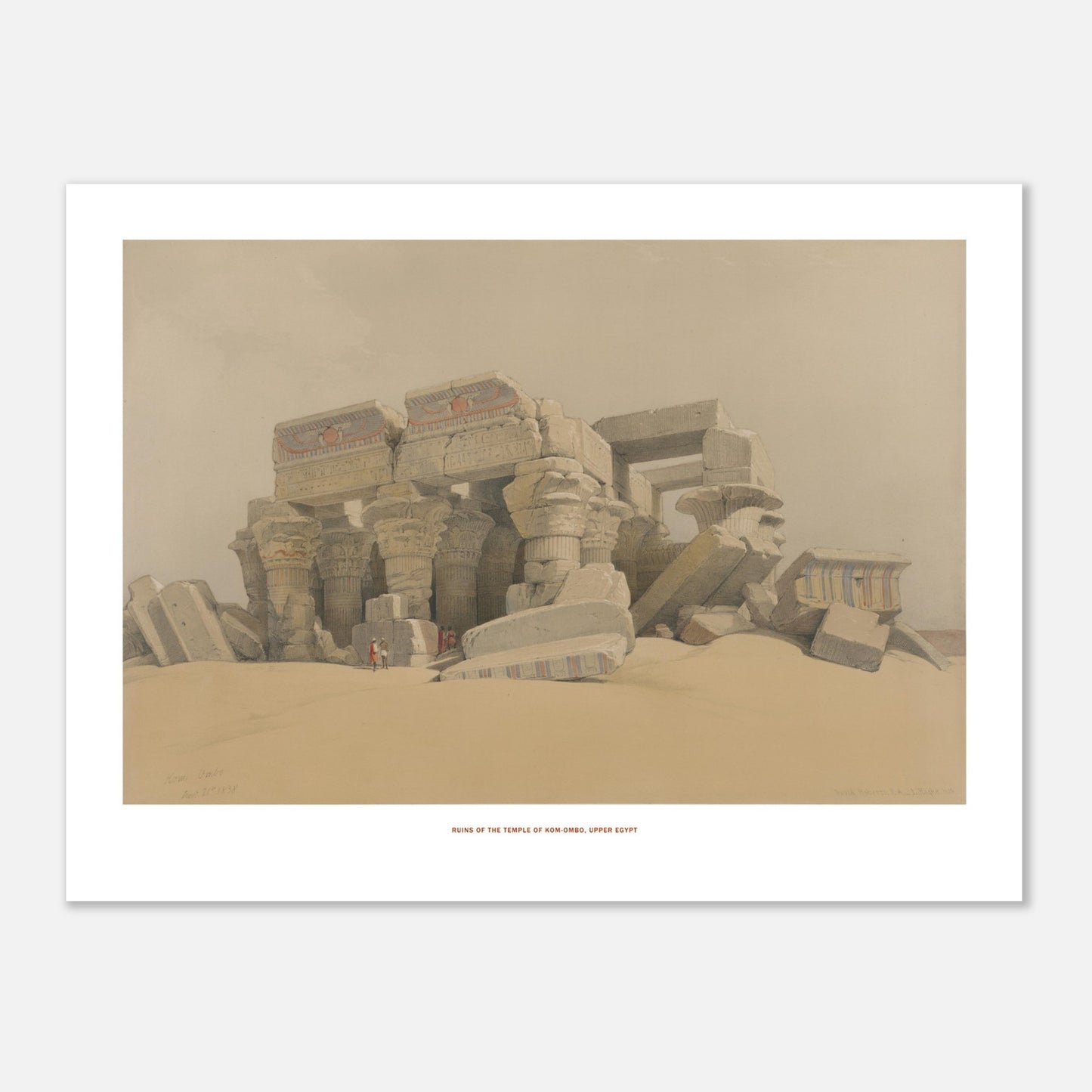 Illustration des ruines du temple de Kom Ombo en Haute-Égypte - David Roberts (30x40 cm). Ruines du temple de Kom Ombo, Haute-Égypte, montrant des colonnes massives et des blocs de pierre effondrés dans un paysage désertique.