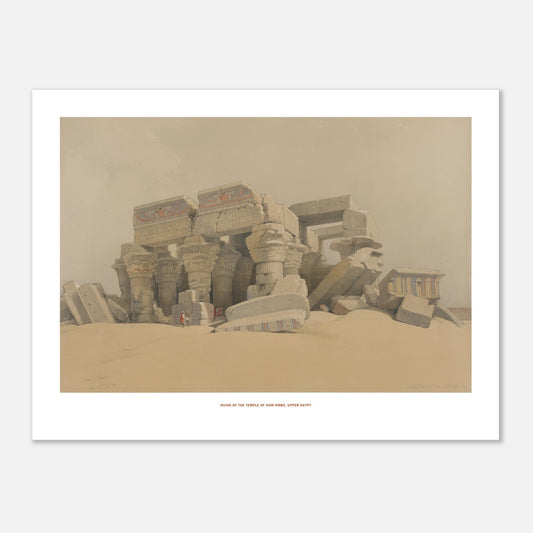 Illustration des ruines du temple de Kom Ombo en Haute-Égypte - David Roberts (30x40 cm). Ruines du temple de Kom Ombo, Haute-Égypte, montrant des colonnes massives et des blocs de pierre effondrés dans un paysage désertique.