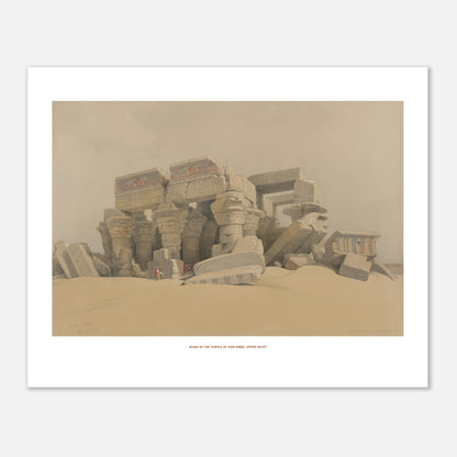 Illustration des ruines du temple de Kom Ombo en Haute-Égypte - David Roberts (40x50 cm). Ruines du temple de Kom Ombo, Haute-Égypte, montrant des colonnes massives et des blocs de pierre effondrés dans un paysage désertique.