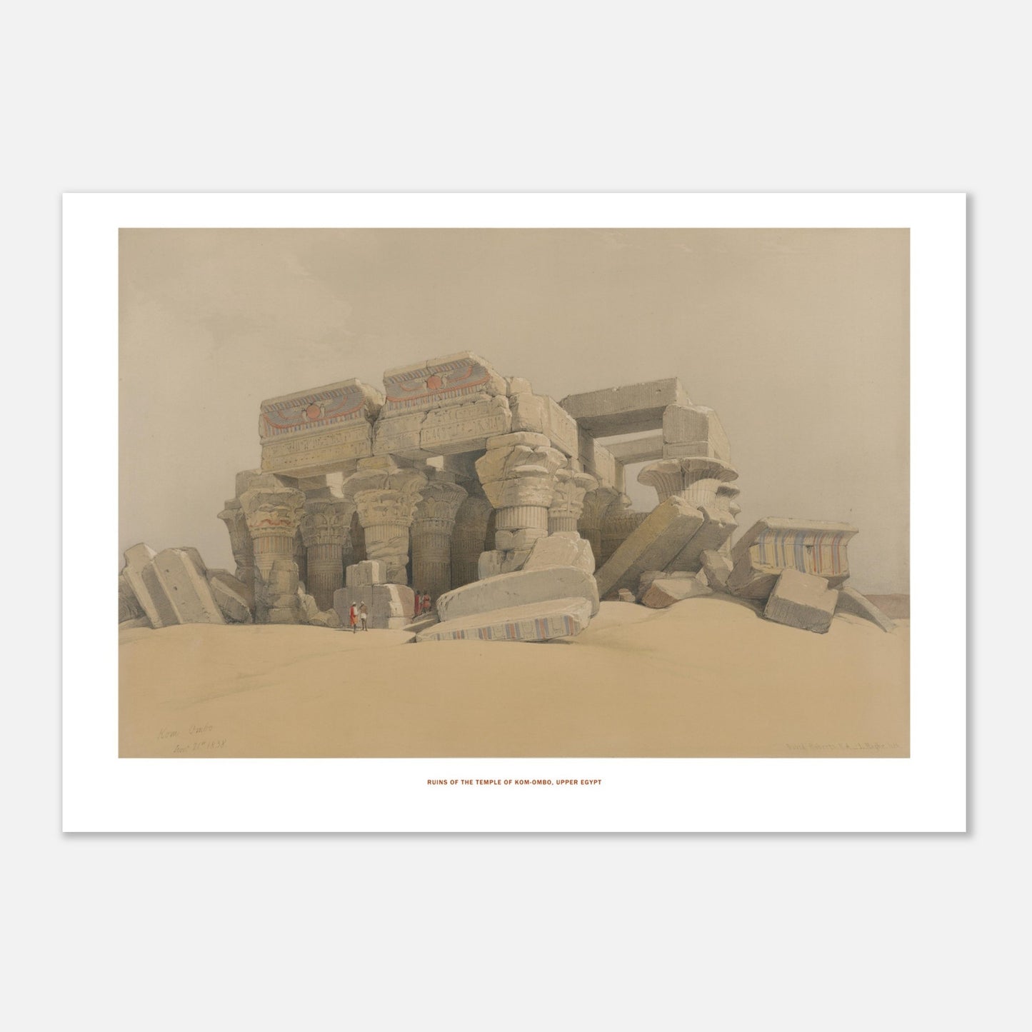 Illustration des ruines du temple de Kom Ombo en Haute-Égypte - David Roberts (42x59,4 cm (A2)). Ruines du temple de Kom Ombo, Haute-Égypte, montrant des colonnes massives et des blocs de pierre effondrés dans un paysage désertique.